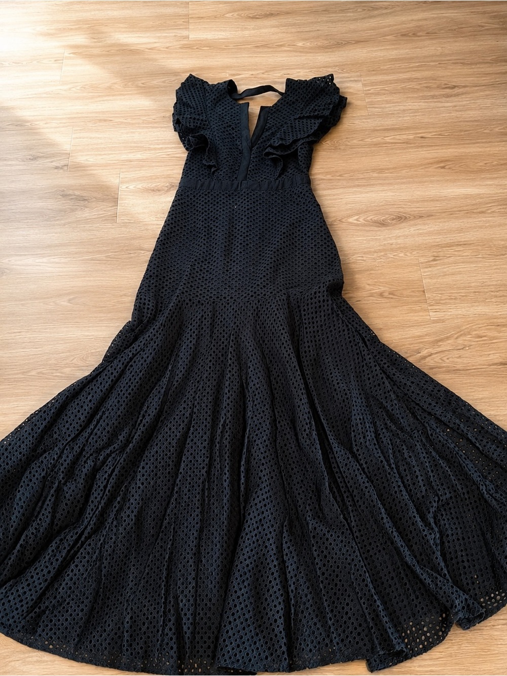 BCBG Black Eyelet Flutter-Sleeve Maxi Dress